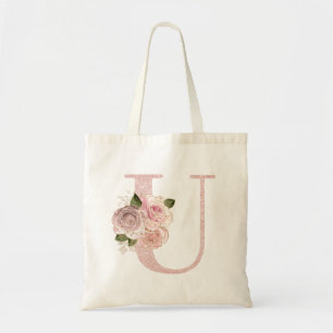 Feminines Monogramm U aus rosa Gold Glitter mit fl Tragetasche