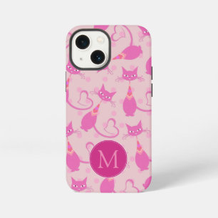 Feminines Rosa Elegantes Katzenmuster Monogramm iPhone 13 Mini Hülle