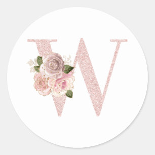 Feminines Rosa-Gold-Glitter-Blumen-W-Monogramm Runder Aufkleber