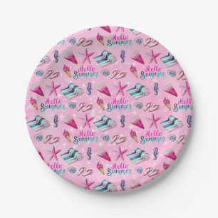 Feminines rosa Sommer-Strand-Wasserfarbenmuster Pappteller