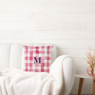 Feminines Rosa Weiß Kariertes Streifen Monogramm  Kissen
