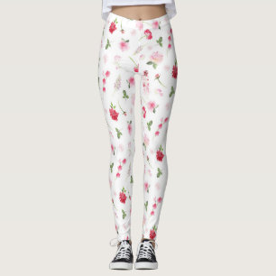 Feminines Rosa Weißes Wasserfarben-Blumenmuster Leggings