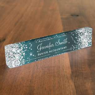 Feminines Silber-Glitter-Dunkeltürkis-Folie Namensplakette
