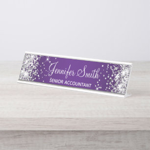 Feminines Silber-Glitter-Royal-Purple-Gradient Schreibtischnamensplakette