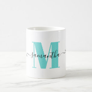 Feminines Türkis- und Weiß-Polka-Dot-Monogramm Kaffeetasse