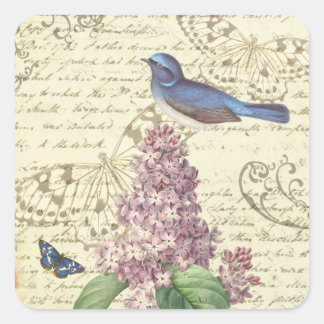 Feminines Vintage-Sticker mit Vogel und Flieder Quadratischer Aufkleber