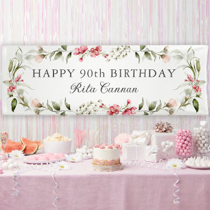 Feminines Wasserfarben-Blumen-Happy 90. Geburtstag Banner