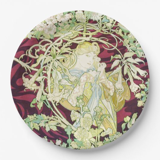Femme à marguerite - Mucha daisy textile repro Pappteller (Vorderseite)