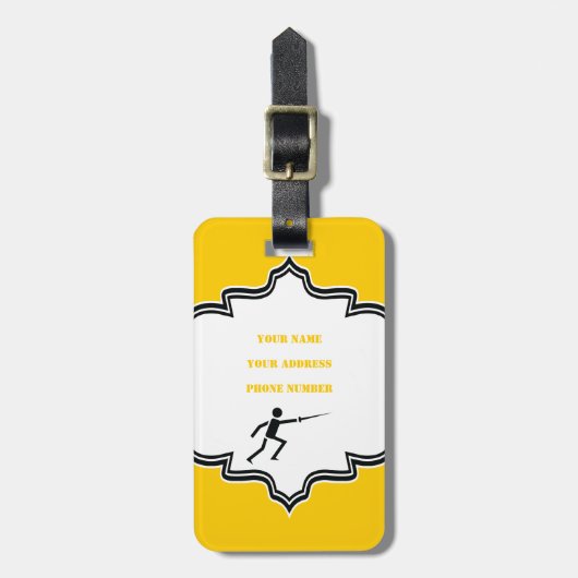 Fencer-Silhouette mit Schwert-Feing-Brauch Gepäckanhänger (Vorderseite vertikal)