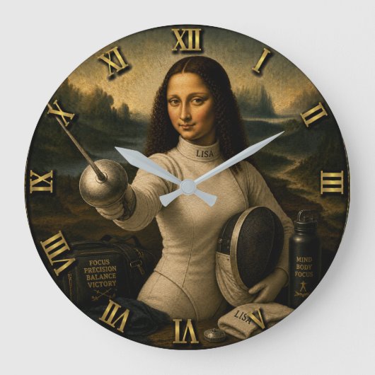 Fencing Funny Mona Lisa Große Wanduhr (Vorderseite)