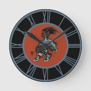 Feng Shui Chinese Shi Lion Blue Numbers Runde Wanduhr