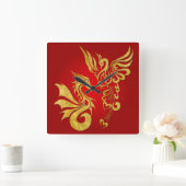 Feng Shui Golden Phoenix & Dragon Clock - red Quadratische Wanduhr (Zuhause)