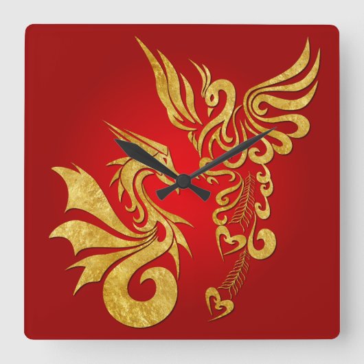 Feng Shui Golden Phoenix & Dragon Clock - red Quadratische Wanduhr (Vorderseite)