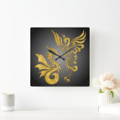 Feng Shui Golden Phoenix & Dragon Clock - schwarz Quadratische Wanduhr (Zuhause)