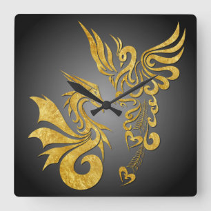 Feng Shui Golden Phoenix & Dragon Clock - schwarz Quadratische Wanduhr