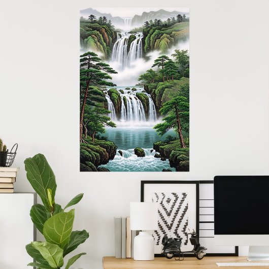 Feng Shui Wasserfall Gemälde - Wohlstand fließen Poster (Heimbüro)