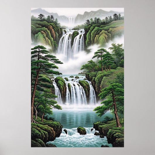 Feng Shui Wasserfall Gemälde - Wohlstand fließen Poster (Vorne)