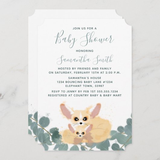 Fennec Fox Babydusche Aquarell Einladung (Vorne/Hinten)