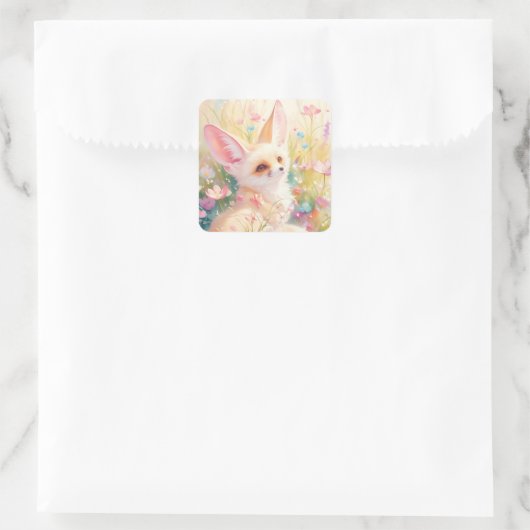 Fennec Fox in einer blühenden Wiese Quadratischer Aufkleber (Tasche)