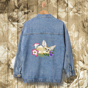 Fennek Fuchs Rosa Lila Blumen Süß Blau Botanisch Jeansjacke