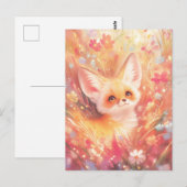 Fennek-Fuchs schaut durch eine rosa Wildblumenwies Postkarte (Vorne/Hinten)