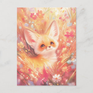 Fennek-Fuchs schaut durch eine rosa Wildblumenwies Postkarte