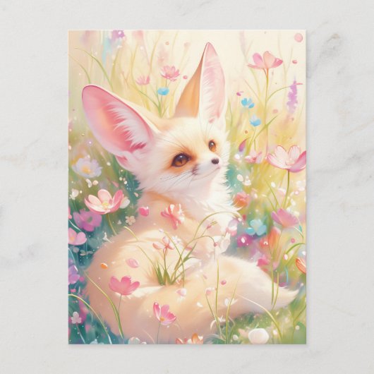 Fennekfuchs auf sonniger rosa Wildblumenwiese Postkarte (Vorderseite)