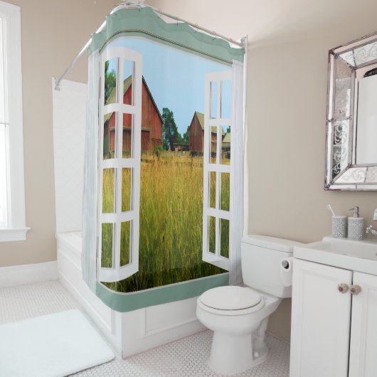 Fenster-Ansicht der Scheunen in der Weide Duschvorhang (Beispiel)