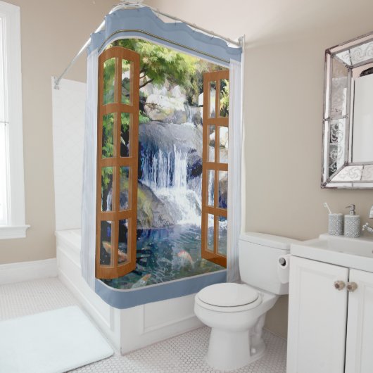 Fenster-Ansicht-Garten-Wasserfall mit Koi Teich Duschvorhang (Beispiel)