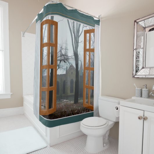 Fenster-Ansicht-Kirche durch den Winter-Nebel Duschvorhang (Beispiel)