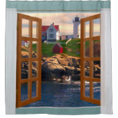 Fenster-Ansicht-Leuchtturm am Sonnenuntergang im Duschvorhang (Vorderseite)