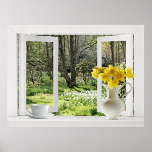 Fenster auf Waldlandschaft öffnen mit Daffodien Poster