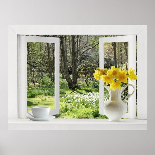 Fenster auf Waldlandschaft öffnen mit Daffodien Poster (Vorne)