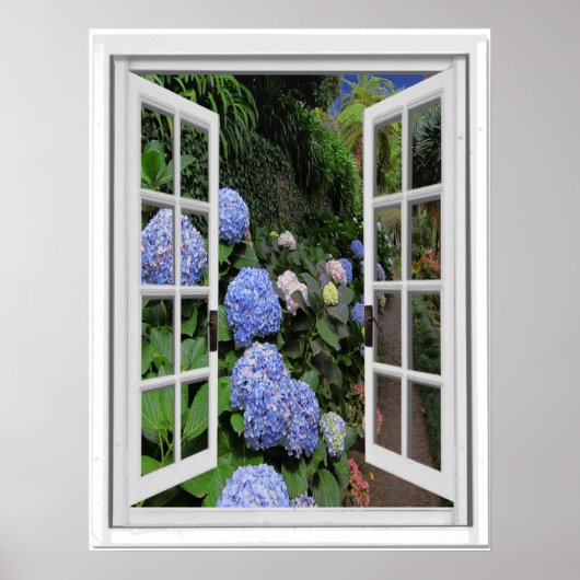 Fenster "Hydrangea Garden View Fake" Poster (Vorne)