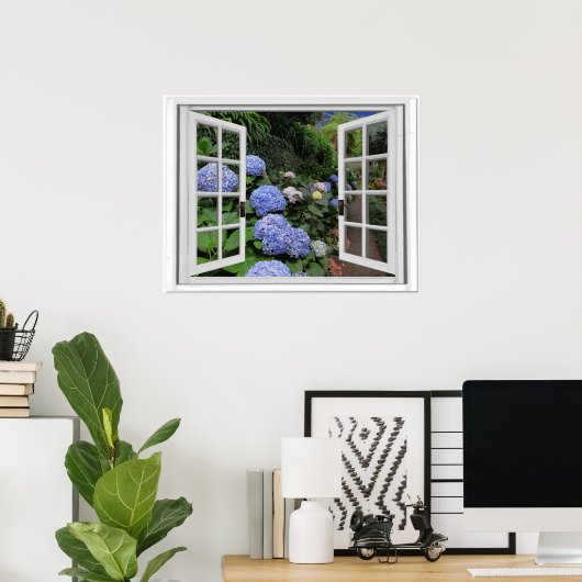 Fenster "Hydrangea Garden View Imitats" Poster (Heimbüro)