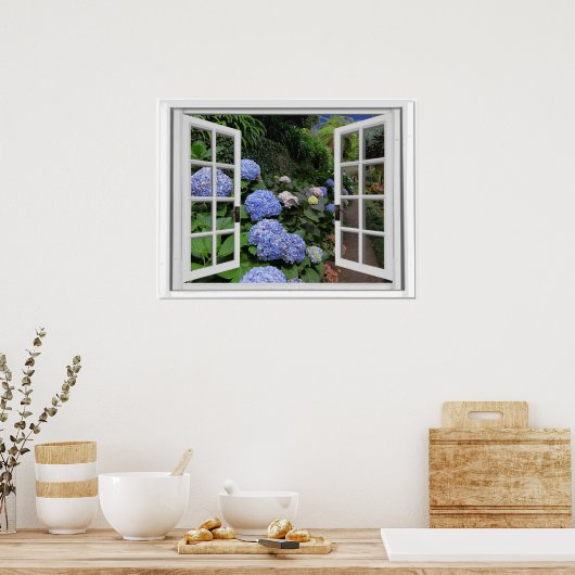 Fenster "Hydrangea Garden View Imitats" Poster (Küche)