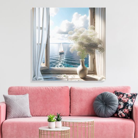 Fenster mit Blick auf den Segelschiff Leinwanddruck (Insitu (Wohnzimmer))