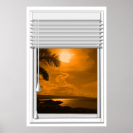 Fenster mit Imitaten mit Sonnenuntergang zum Meer Poster