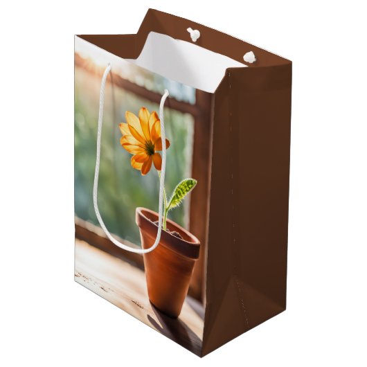 Fenster mit Orange Daisy Geburtstag Mittlere Geschenktüte (Vorderseite Schrägansicht)