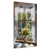 Fenster mit Spitzen-Vorhang und Tulpen Klemmbrett (Rechts)