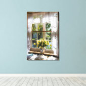 Fenster mit Spitzen-Vorhang und Tulpen Leinwanddruck (Insitu (Holzboden))