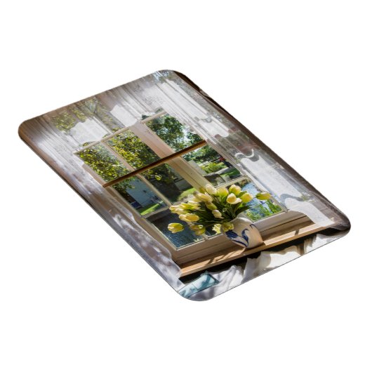 Fenster mit Spitzen-Vorhang und Tulpen Magnet (Rechte Seite)