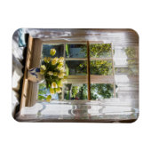 Fenster mit Spitzen-Vorhang und Tulpen Magnet (Horizontal)