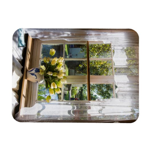Fenster mit Spitzen-Vorhang und Tulpen Magnet (Horizontal)