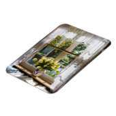 Fenster mit Spitzen-Vorhang und Tulpen Magnet (Linke Seite)