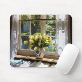 Fenster mit Spitzen-Vorhang und Tulpen Mousepad (Mit Mouse)
