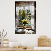 Fenster mit Spitzen-Vorhang und Tulpen Poster (Küche)