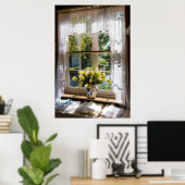 Fenster mit Spitzen-Vorhang und Tulpen Poster (Heimbüro)