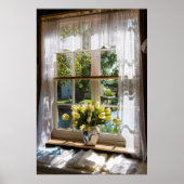 Fenster mit Spitzen-Vorhang und Tulpen Poster (Vorne)