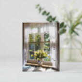 Fenster mit Spitzen-Vorhang und Tulpen Postkarte (Stehend Vorderseite)